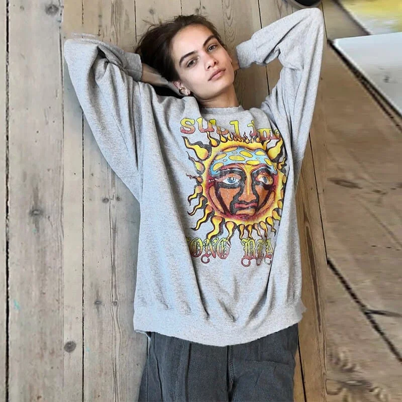 DressBetty - Oversized Hoodies Women Sun Printed Thin Vintage Pullovers O Neck Casual Y2K Streetwear Autumn Outfits Fashion Sweatshirt