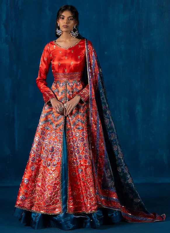 Red Multicolor Embroidered Anarkali Style Lehenga