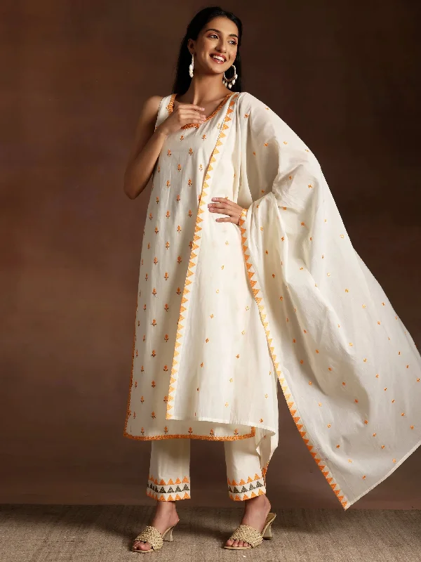 Off White Embroidered Cotton Straight Suit With Dupatta