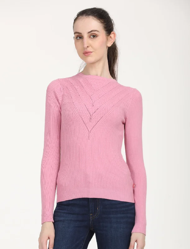 Women's Self Design Pink Round Neck Sweater