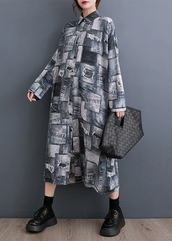 French Grey Button Print Pockets Denim Blouses Dress Long Sleeve