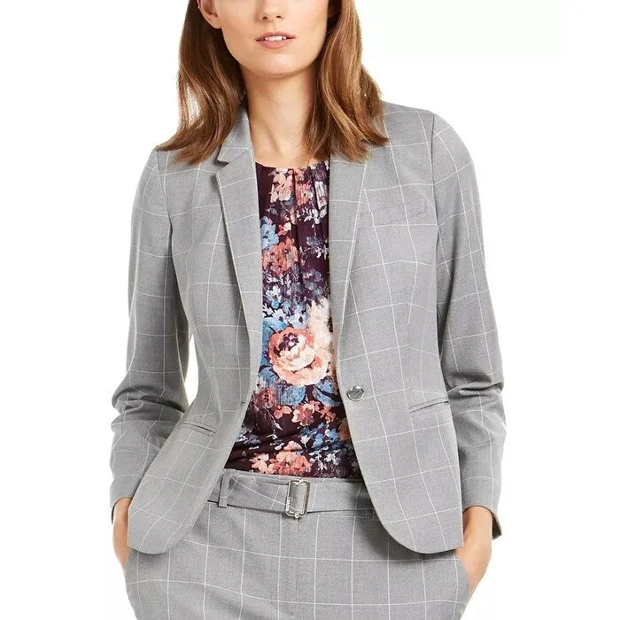 Calvin Klein Women's Windowpane-Print Single-Button Blazer Gray Size 2