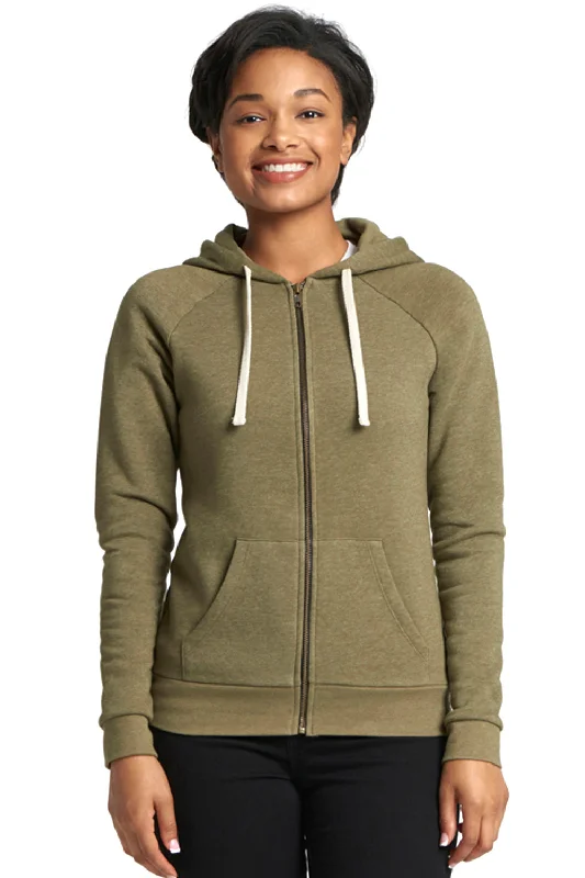 Next Level Womens PCH Fleece Full Zip Hooded Sweatshirt Hoodie w/ Pockets - Heather Military Green - Closeout