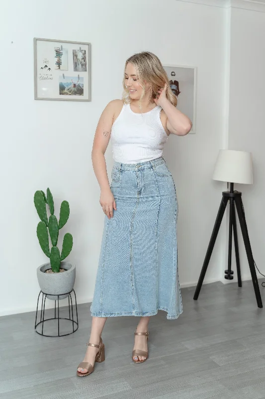 Fria  Panel Detail Denim Maxi Skirt Blue