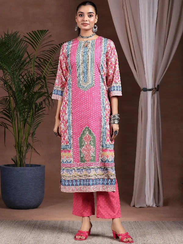 Pink Printed Poly Crepe Straight Kurta Set