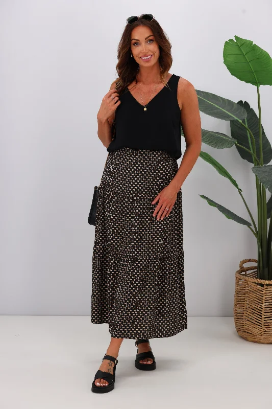 Gloss by Shine On Lucerne Tiered Maxi Skirt Black Natural Geo