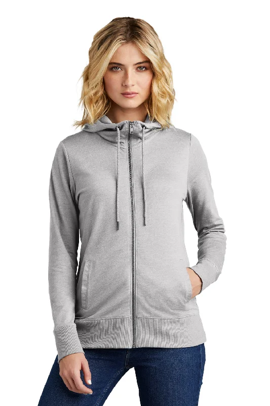 District Womens French Terry Full Zip Hooded Sweatshirt Hoodie w/ Pockets - Heather Light Grey