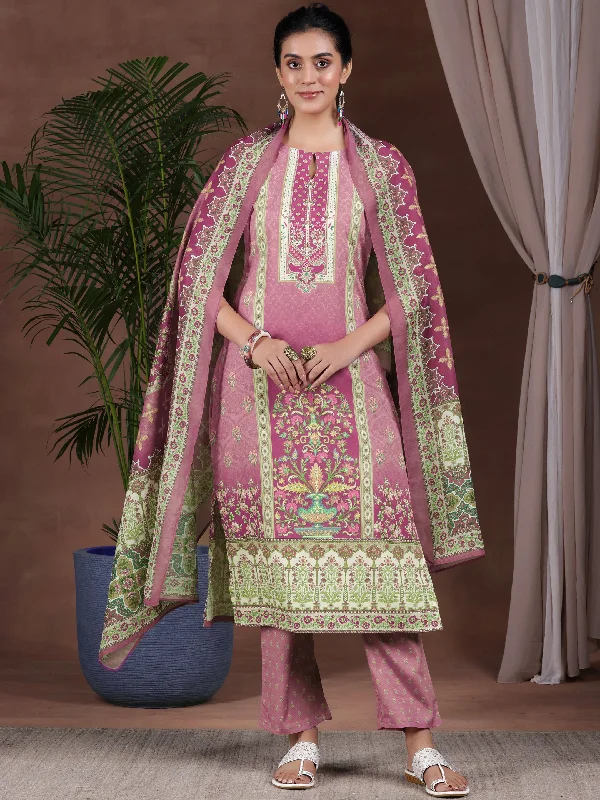 Mauve Printed Poly Crepe Straight Suit With Dupatta