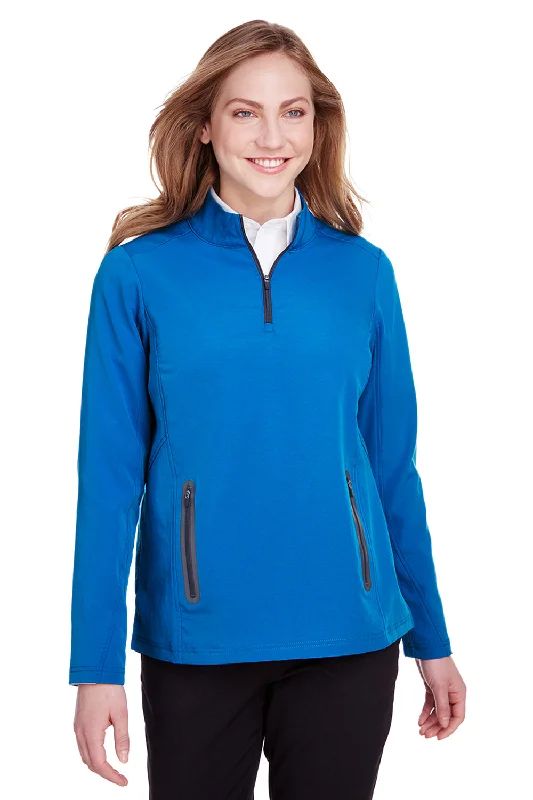 North End Womens Quest Performance Moisture Wicking 1/4 Zip Sweatshirt w/ Pockets - Olympic Blue/Carbon Grey - Closeout