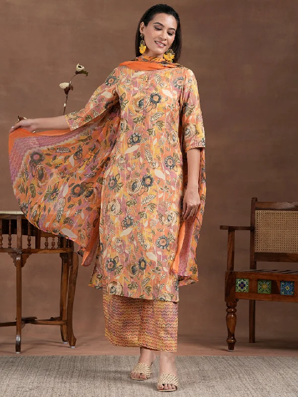 Orange Printed Silk Blend Straight Suit With Dupatta