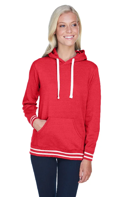 J America Womens Relay Sueded Fleece Hooded Sweatshirt Hoodie w/ Pouch Pocket - Red/White - Closeout