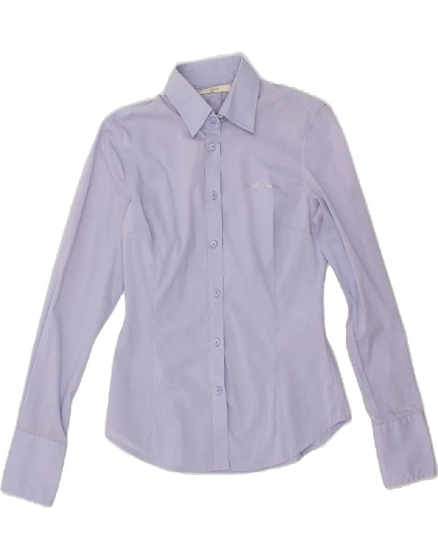 GAUDI Womens Shirt IT 40 Small Blue Striped Cotton