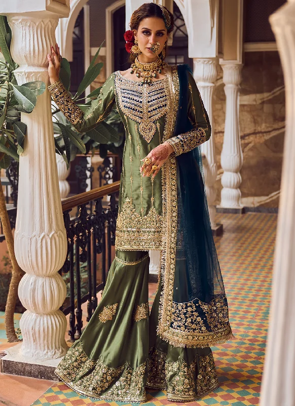 Olive Green and Blue Embroidered Gharara Suit