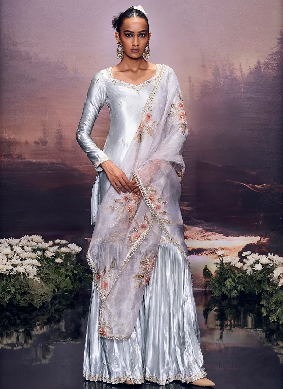 Grey Embroidered Satin Sharara Suit