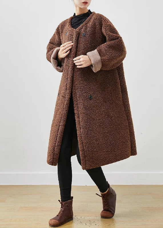 Brown Faux Fur Teddy Trench Coat Oversized Double Breast Spring