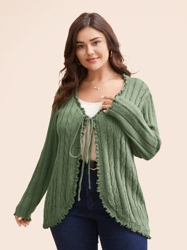 Cable Knit Tie Knot Frill Trim Cardigan