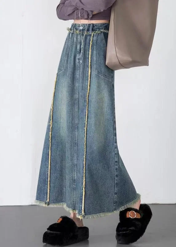 Unique Blue Tasseled Pockets Patchwork Denim Skirts Spring