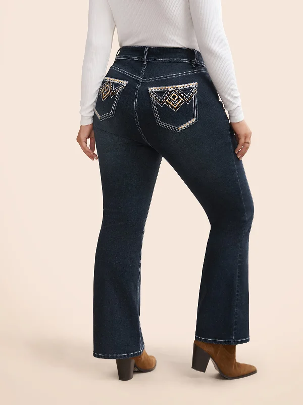 Stretch Denim Embroided Pockets Flare Jeans