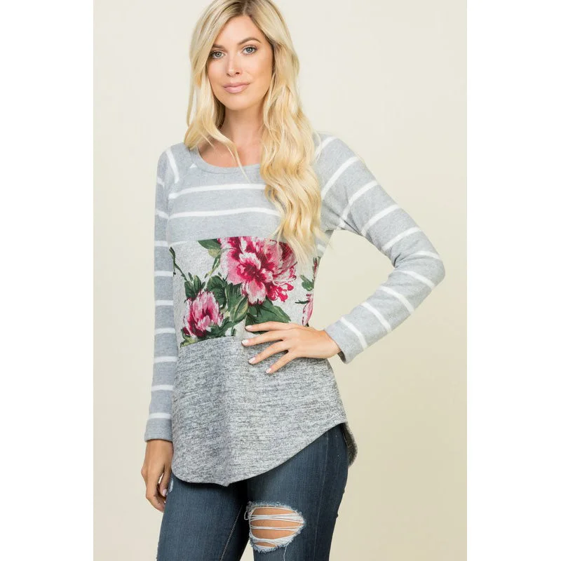 A. Gain Women's Grey Stripe Floral Long Sleeve Tee