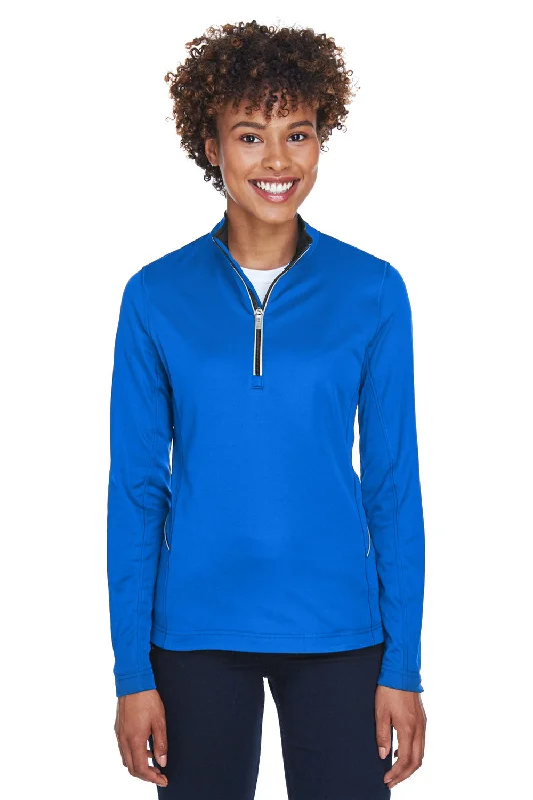 UltraClub Womens Cool & Dry Moisture Wicking 1/4 Zip Sweatshirt w/ Pocket - Kyanos Blue