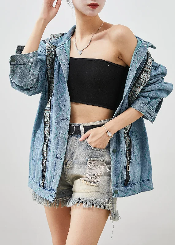 Classy Denim Blue Zip Up Patchwork Cotton Coats Fall