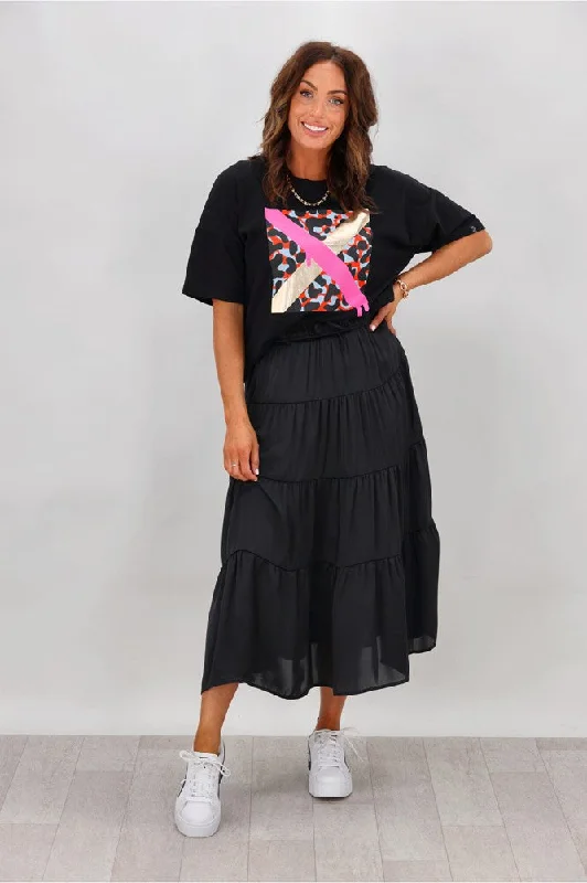 Shine On Label Bonnie Satin Tiered Midi Skirt Black