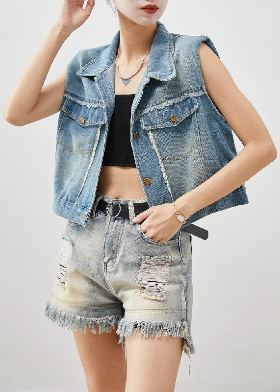 Bohemian Denim Blue Tasseled Cotton Vests Fall