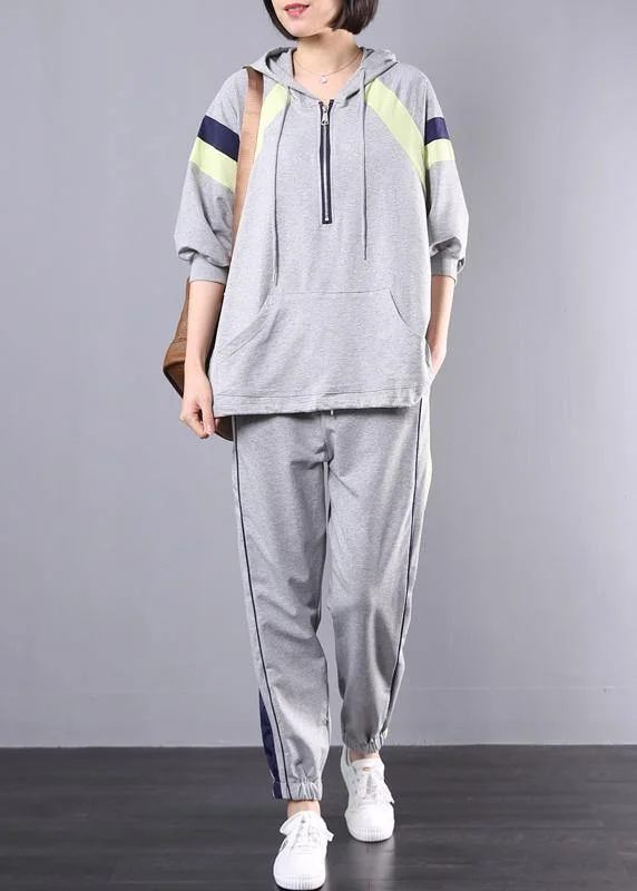 gray cotton casual two pieces hooded plus size top and elastic waist pants