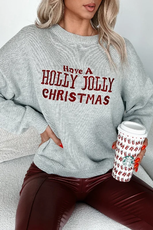 Christmas Greetings Embroidered Holiday Sweater (Heather Grey)