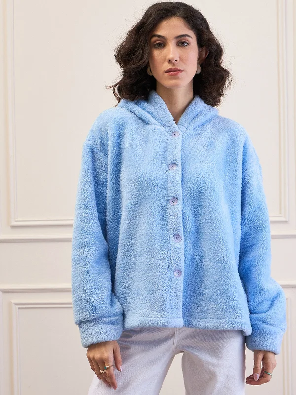 Women Blue Fur Button Placket Hooded Jacket