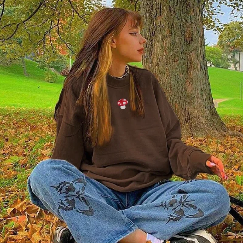 DressBetty - Y2K Aesthetics Mushroom Embroidery Oversized Sweatshirts Vintage Brown Crewneck Long Sleeve Top 2000s Fashion Streetwear