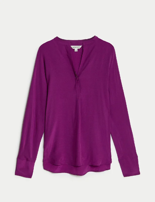 Cupro Rich Notch Neck Popover Blouse