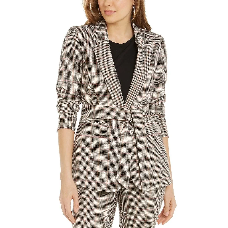 Bar III Women's Plaid Tie-Waist Blazer Khaki Size Large