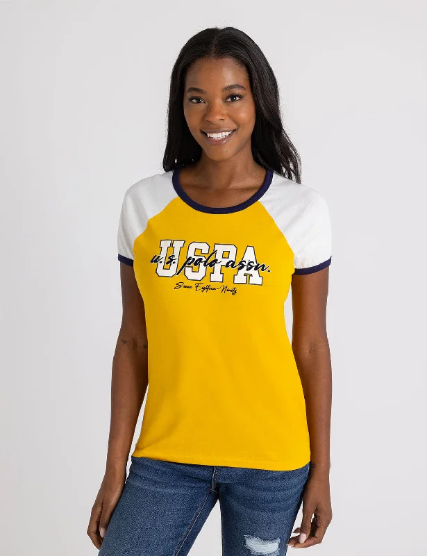 FLOCKED SCRIPT RAGLAN RINGER T-SHIRT