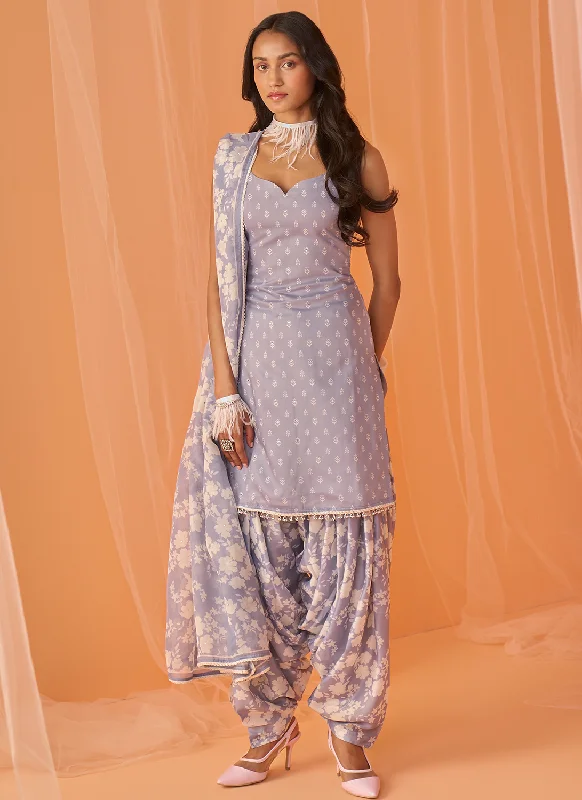 Grey White Floral Printed Punjabi Suit