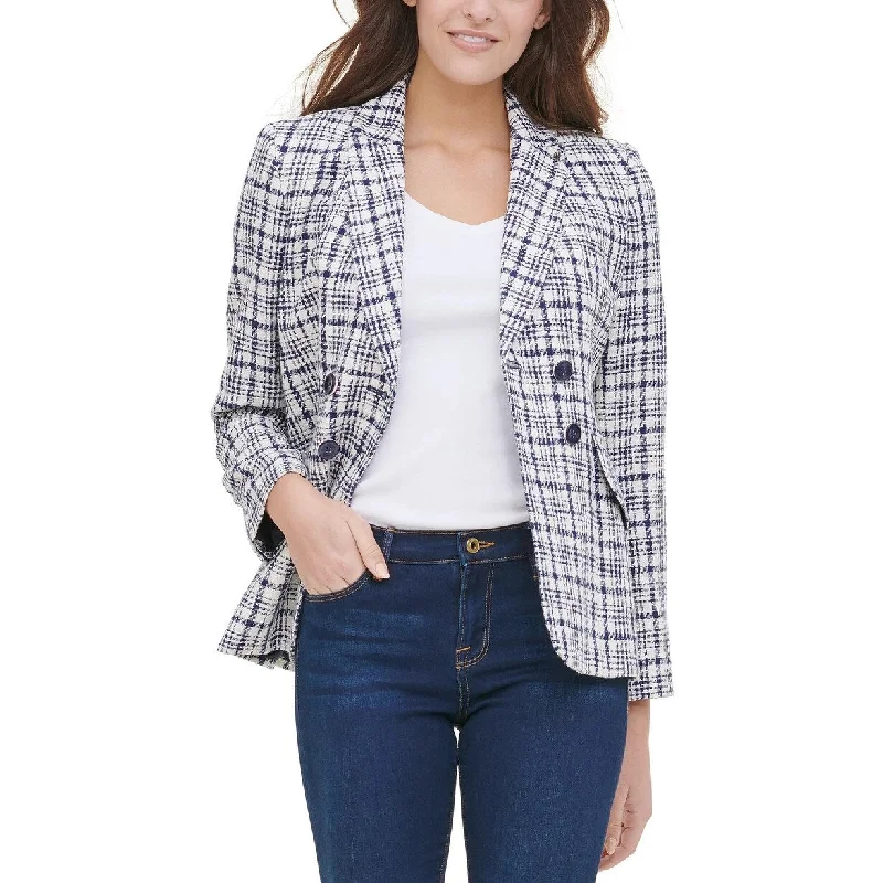 Tommy Hilfiger Women's Plaid-Print Double-Breasted Blazer Dark Blue Size 2