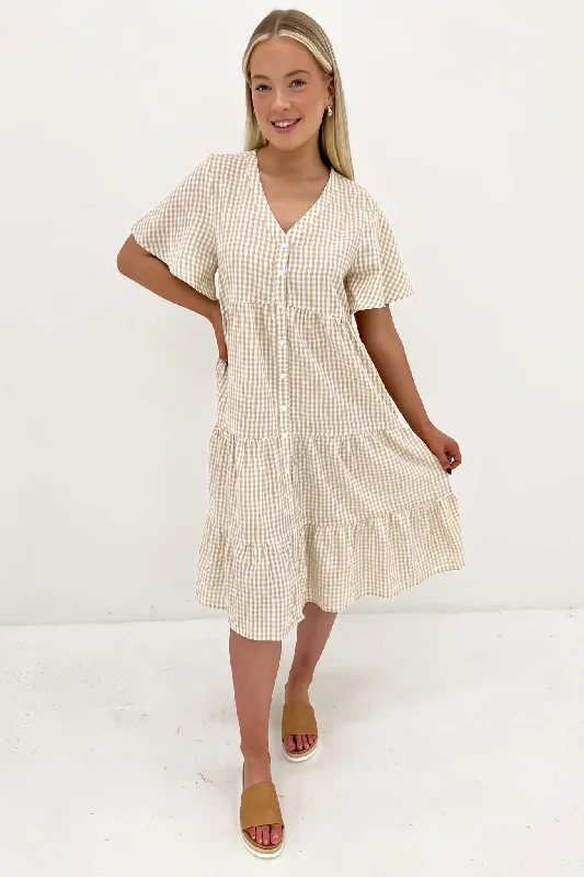 Summer Midi Dress Latte Gingham