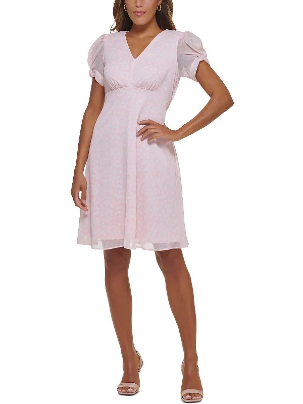 Womens Puff Sleeve Knee-Length Fit & Flare Dress